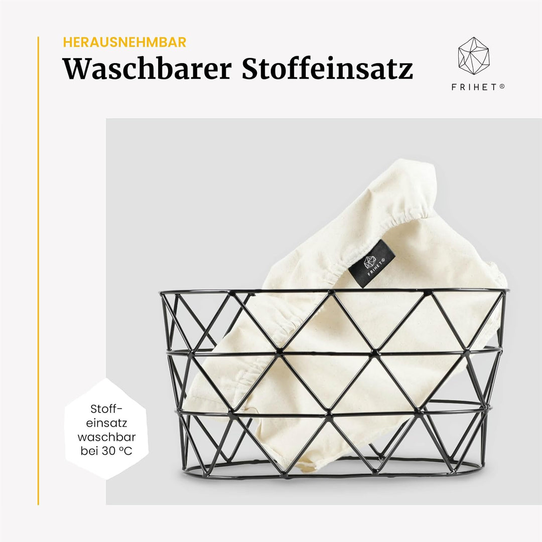 FRIHET 2-in-1 Brotkorb &amp; Obstschale - Metall - waschbare Einlage aus 100% Baumwolle - oval - schwarz
