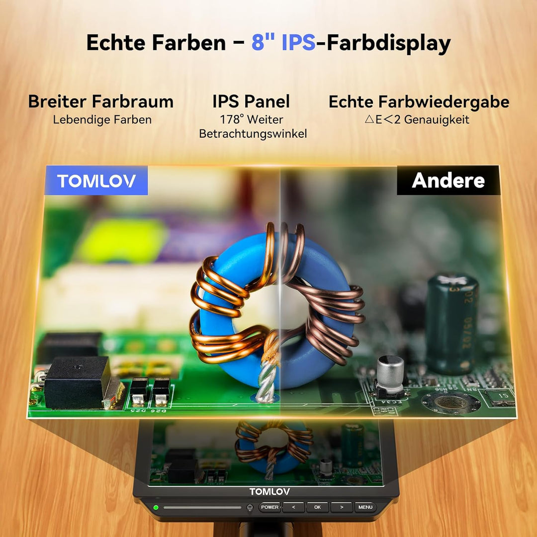 TOMLOV TM4K-AF Flex 4K Autofokus Digitales Mikroskop 2000X, 8" HDMI IPS Mikroskop Vergrösserung, 52M