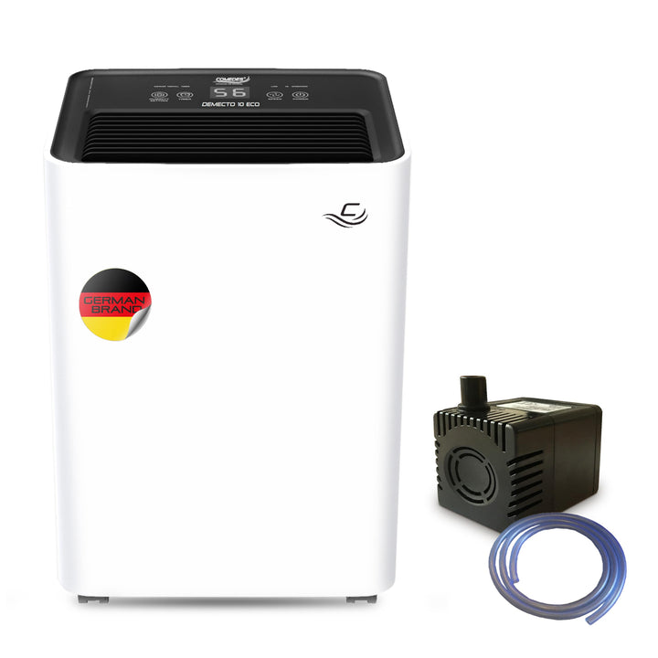 Comedes Demecto 10 eco Luftentfeuchter (10l/24h) + PowerDrain Kondensatpumpe – Geeignet für Wohnräum