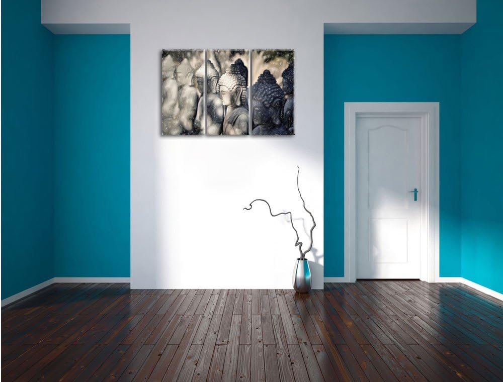 Pixxprint Buddha-Statuen in Einer Reihe als Leinwandbild/Grösse: 3 Teilig (120x80 cm) cm/Wandbild/Ku