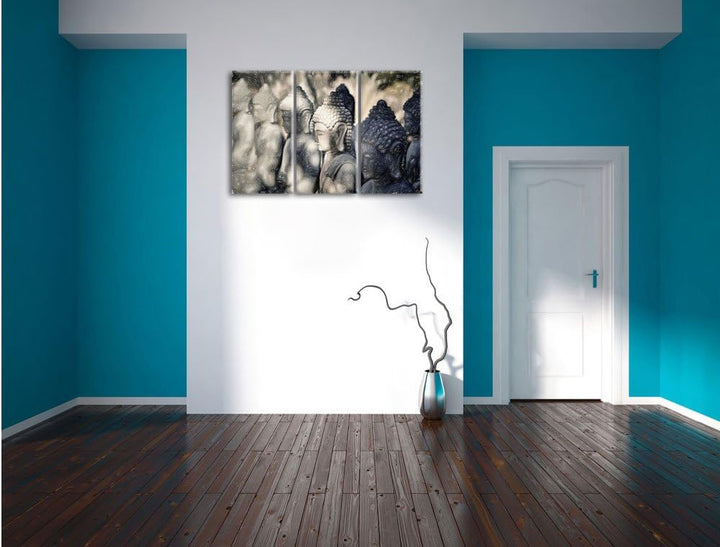 Pixxprint Buddha-Statuen in Einer Reihe als Leinwandbild/Grösse: 3 Teilig (120x80 cm) cm/Wandbild/Ku