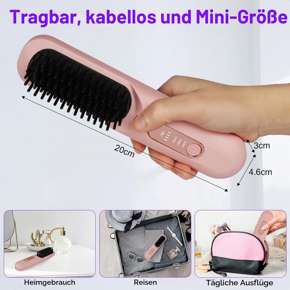 LOPHE Mini Haarglätterbürste, Glättbürste Kabellos, Hair Straightener Comb mit LCD-Bildschirm 3-Stuf