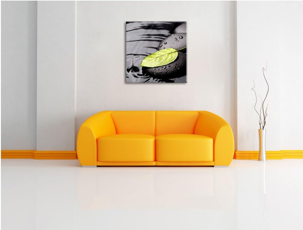 Pixxprint Stein mit Blatt, Format: 70x70 auf Leinwand, XXL riesige Bilder fertig gerahmt mit Keilrah