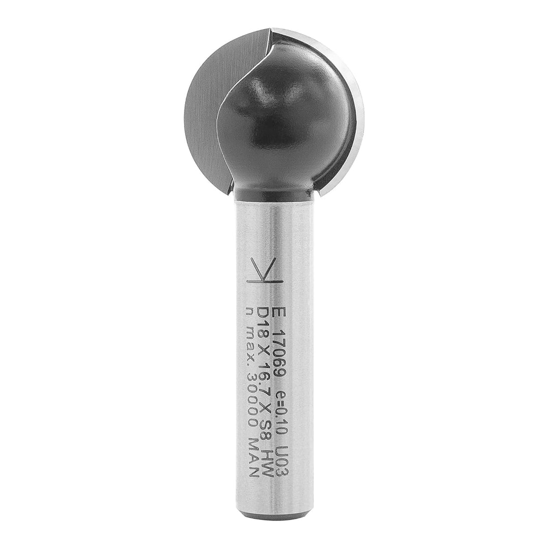 ENT 17069 Kugelfräser HW, Schaft (S) 8 mm, Durchmesser (D) 18 mm, NL 16,79 mm, R 9 mm, T 5 mm, SL 32