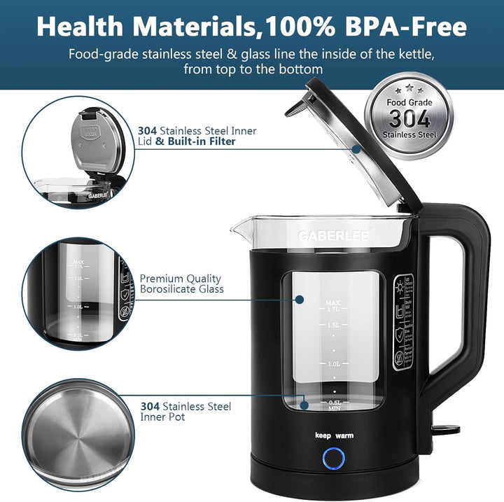 Glas Wasserkocher 1,7 Liter, 3000W mit Warmhaltefunktion, blaue LED Innenbeleuchtung, 360° drehbarer