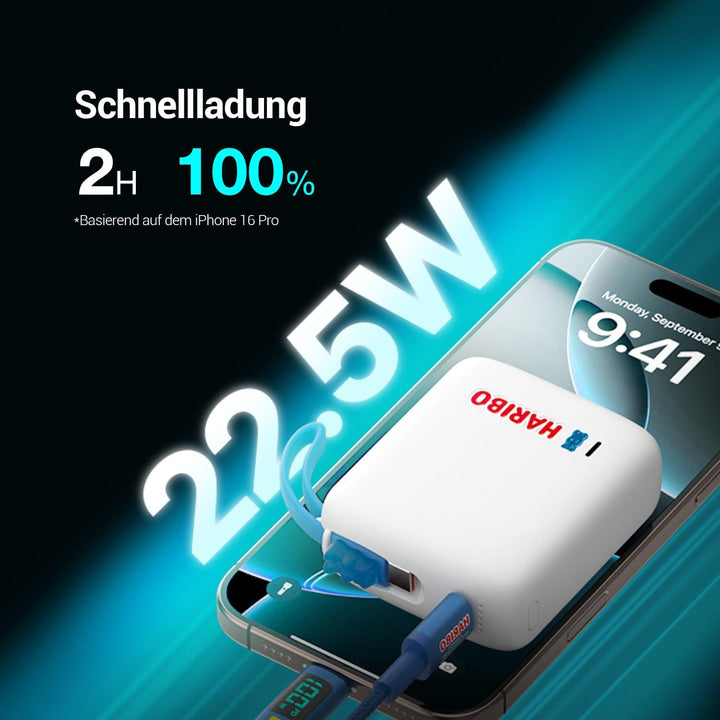 HARIBO Mini Powerbank 10000mAh, 22,5W Schnellladung Integriertes Kabel | Kompakte Grösse: 2,4 * 5,5