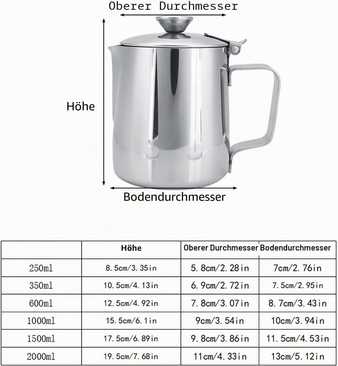 MAGT Milchkännchen mit Deckel, Edelstahl Milchkanne 600ml Kaffeekanne Edelstahl Milchschaumkännchen