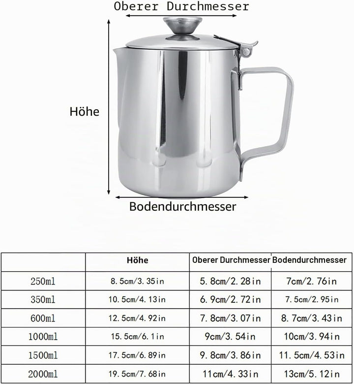 MAGT Milchkännchen mit Deckel, Edelstahl Milchkanne 600ml Kaffeekanne Edelstahl Milchschaumkännchen