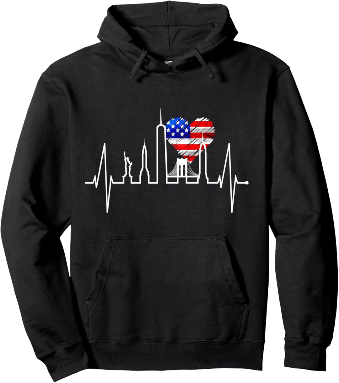 New York Skyline Herzschlag USA Flagge Für NYC Fans New York Pullover Hoodie