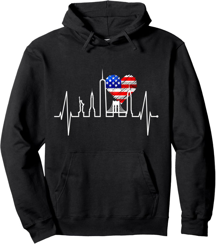 New York Skyline Herzschlag USA Flagge Für NYC Fans New York Pullover Hoodie