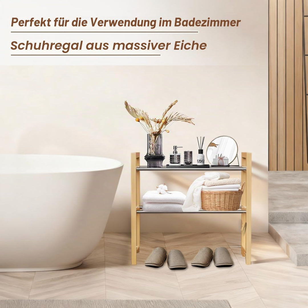 LEMIKKLE Schuhregal Holz Eiche 2-stöckig, Erweiterbar Mit Edelstahl-Elementen, Ideal Für Enge Räume,