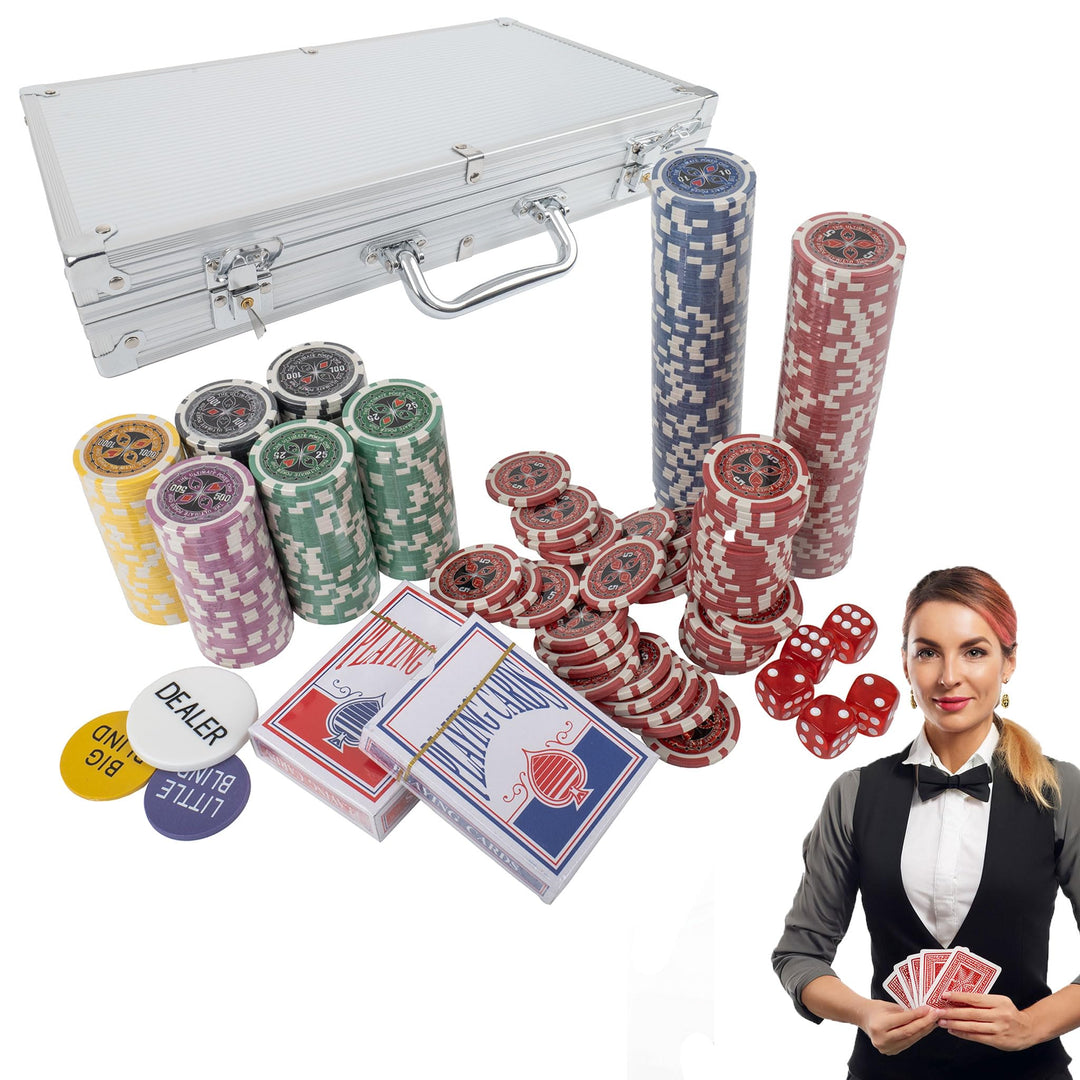 H&F Heimtextilien Pokerkoffer 300 Chips – Premium Poker Set mit 6 Wertstufen, 2 Kartendecks, Würfeln