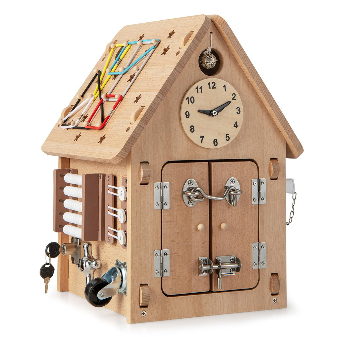 COSTWAY Kinder Spielhaus aus Holz, sensorisches Spielzeughaus mit Sinnesspielen & Stauraum im Innere