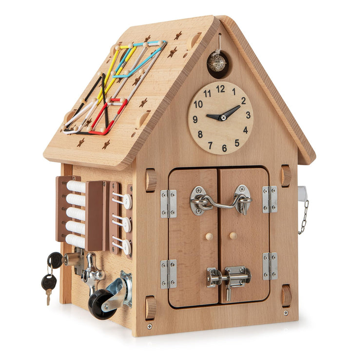 COSTWAY Kinder Spielhaus aus Holz, sensorisches Spielzeughaus mit Sinnesspielen & Stauraum im Innere