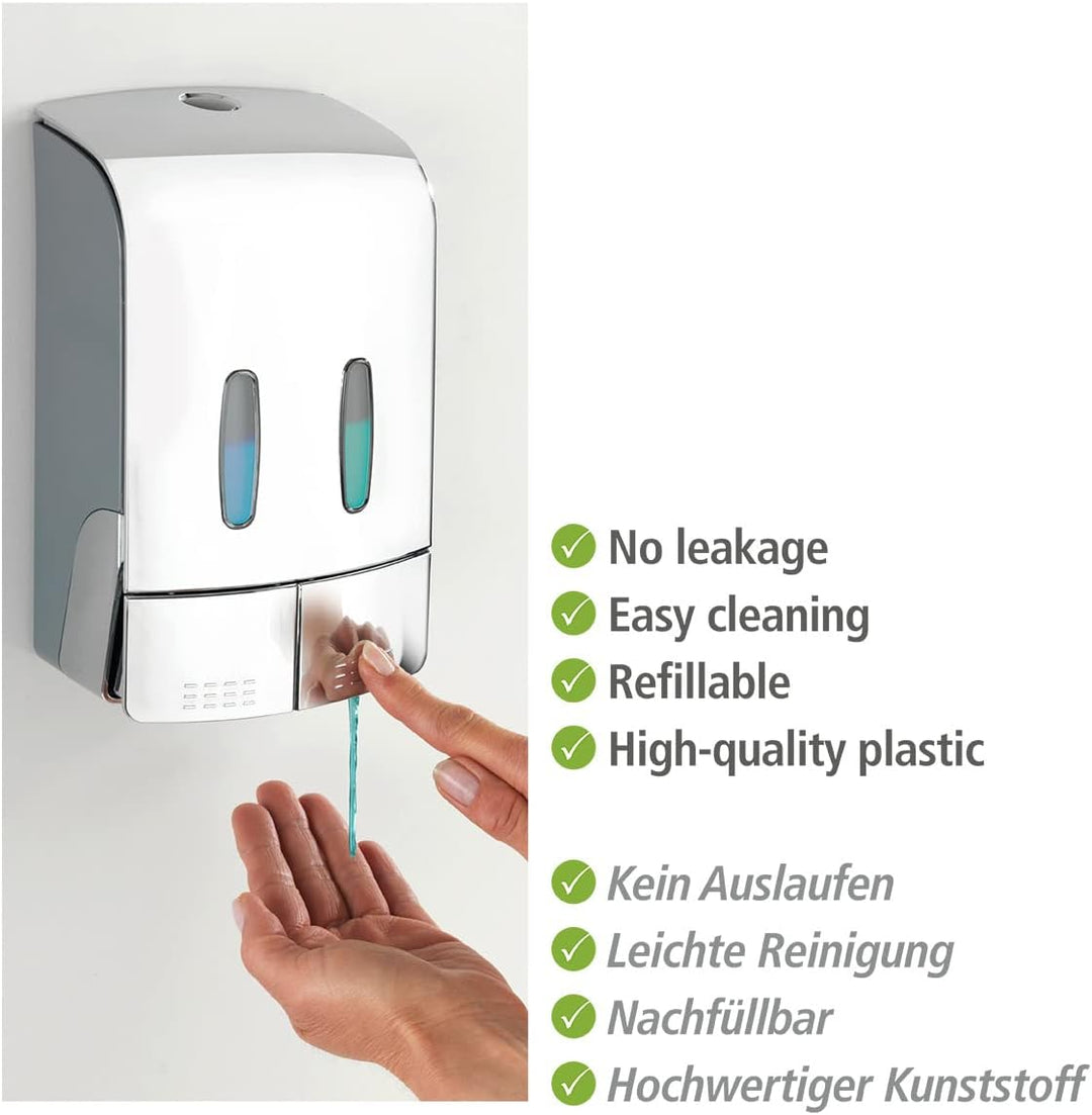 WENKO 2-Kammer Desinfektionsmittel- und Seifenspender Tartas Chrom, hygienischer Wand-Spender für De