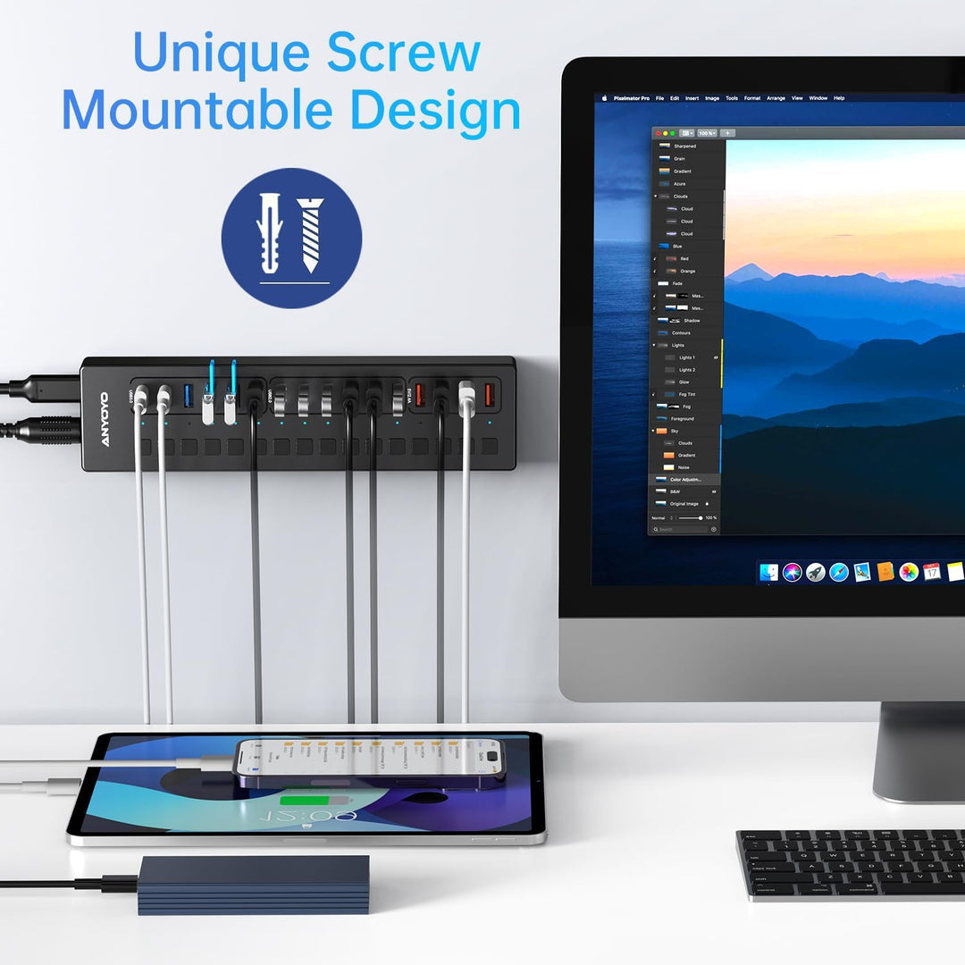USB C Hub Aktiv, ANYOYO 16 In 1 USB 3.0 Hub mit Netzteil(60W) Powered USB Hub mit 4 Ladeanschluss，US