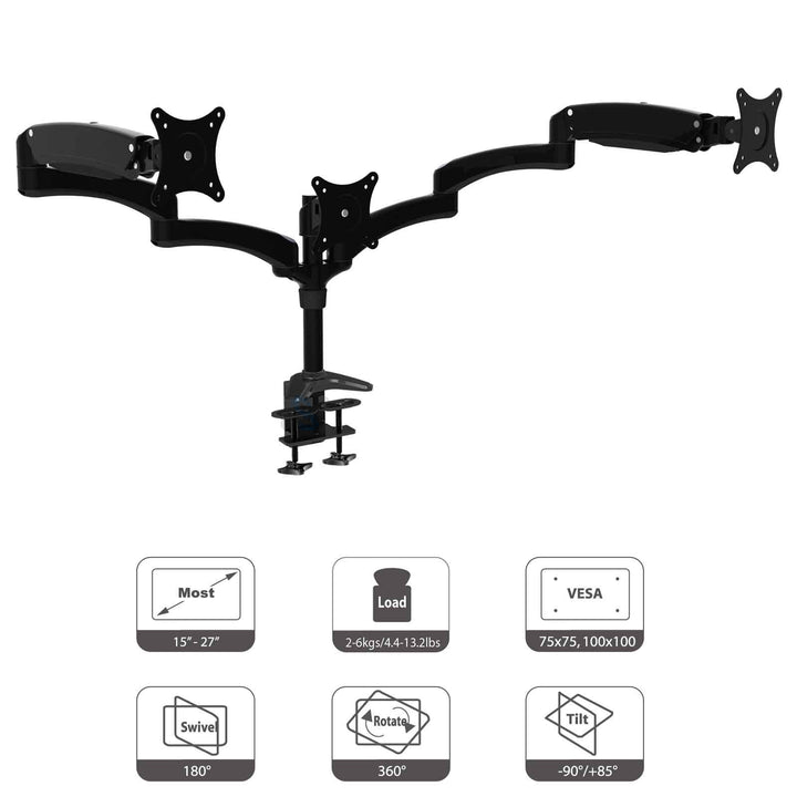 HFTEK® DS137SB Monitorarm - Triple - Halterung Halter Tischhalterung für 3 Bildschirme von 15 – 27 Z