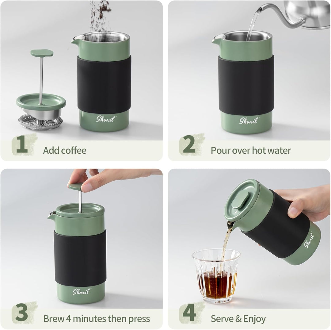 French Press – 350 ml Kaffeepresse aus Edelstahl, 2 Tassen Kaffeebereiter für gemahlenen Kaffee, tra