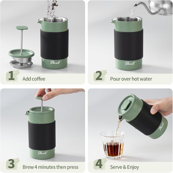 French Press – 350 ml Kaffeepresse aus Edelstahl, 2 Tassen Kaffeebereiter für gemahlenen Kaffee, tra