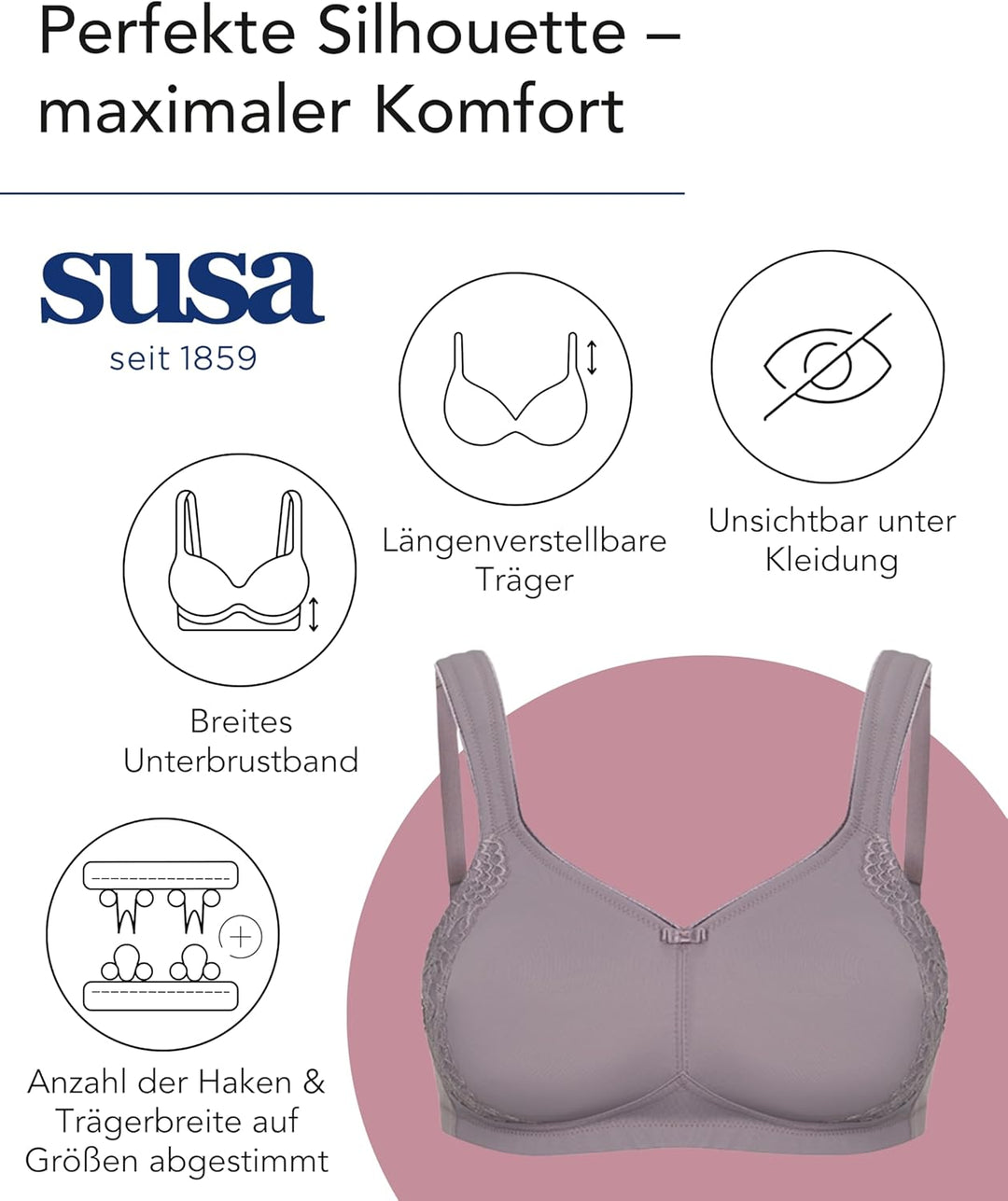 SUSA BH ohne Bügel I Minimizer BH mit seitlich am Cup angebrachter Spitze I Bügelloser BH mit breite