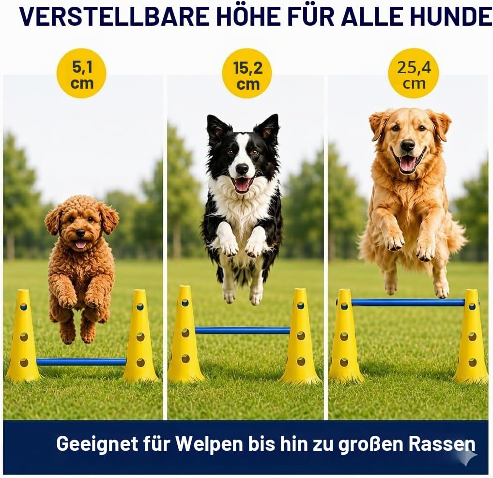 Agility Set Hunde mit 6 Hürden, Cavaletti Hund Trainingsset, 12 Verstellbare Stangen &amp; 12 Pylonen mi