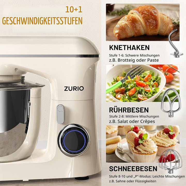Küchenmaschine Rührmaschine 1300W Zurio 5.5L Knetmaschine Rührmaschine 10 Gang Roboter Knetmaschine