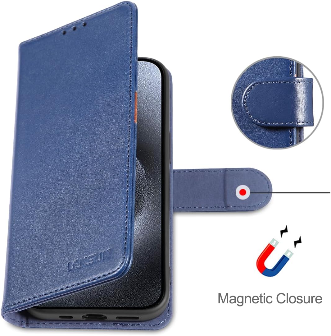 LENSUN Echtleder Hülle für iPhone 15 Pro, Handyhülle Echt Leder [Magnetverschluss][Kartenfach][Klapp