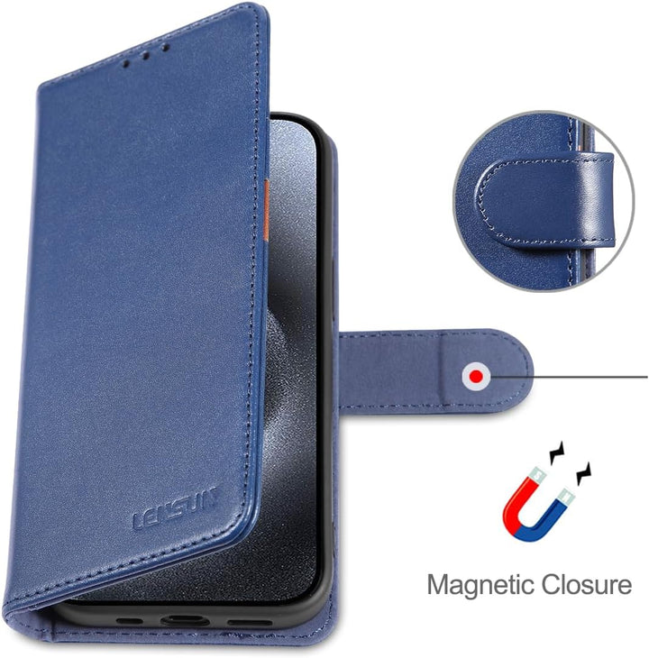 LENSUN Echtleder Hülle für iPhone 15 Pro, Handyhülle Echt Leder [Magnetverschluss][Kartenfach][Klapp