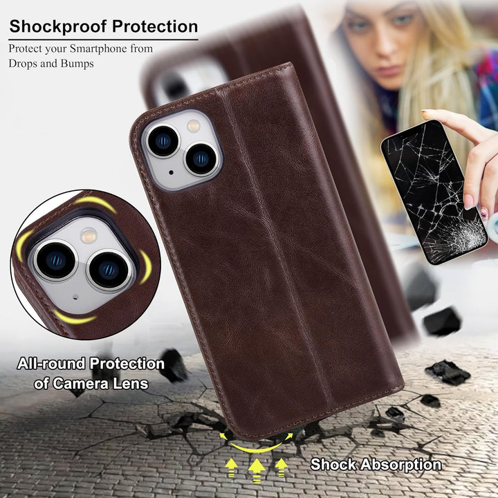 VISOUL Hülle für iPhone 15, Schutzhülle [Echt Leder] [Schützt vor Stoss] [Kartenfach] [Magnetverschl