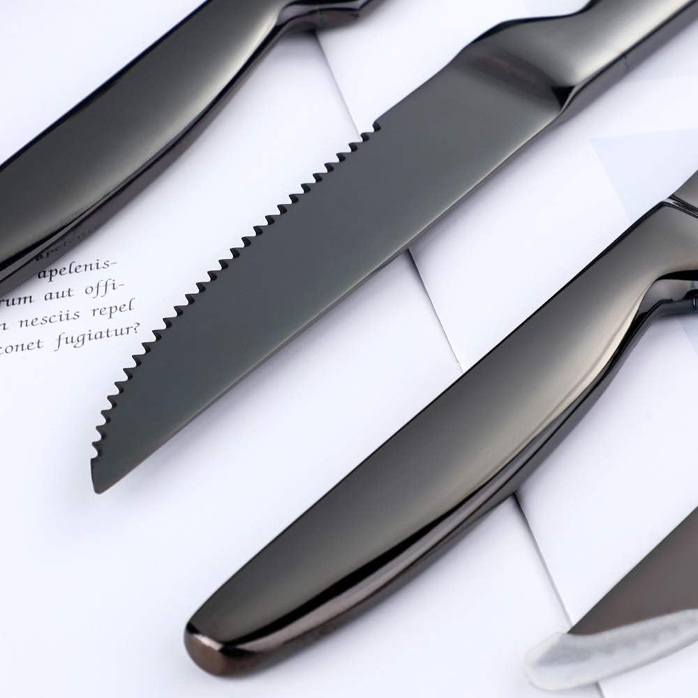BISDARUN Steakmesser Set mit scharfem Wellenschliff Edelstahl 6-teilig Tafelmesser Schwarz Fleischme