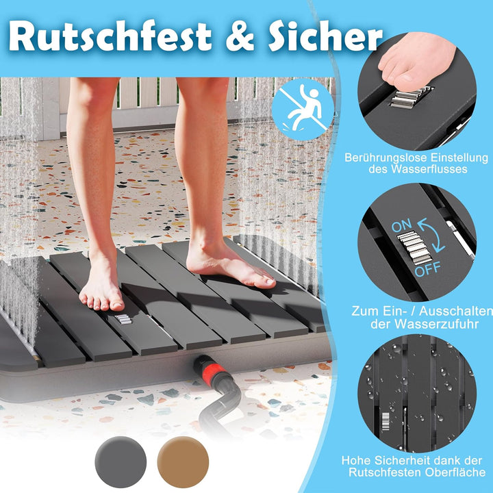 Aluminium & WPC Gartendusche Holzoptik Ø70 cm, rutschfeste Bodendusche wetterfest, Aussendusche für
