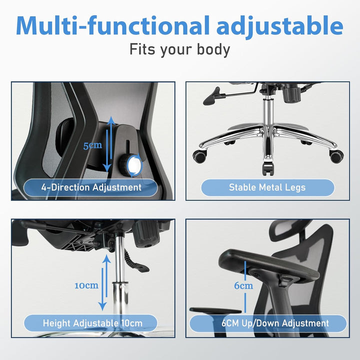 Durrafy Ergonomischer Bürostuhl, Schreibtischstuhl hat Kopfstütze, Lendenwirbelstütze, Armlehnen, Hö