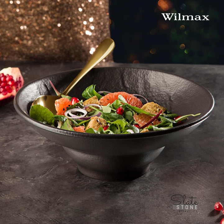 Wilmax | Tiefe Schalen - 2 Stück 22,5 cm / 1100 ml | Schwarze Pastateller | Natursteintextur | Für P