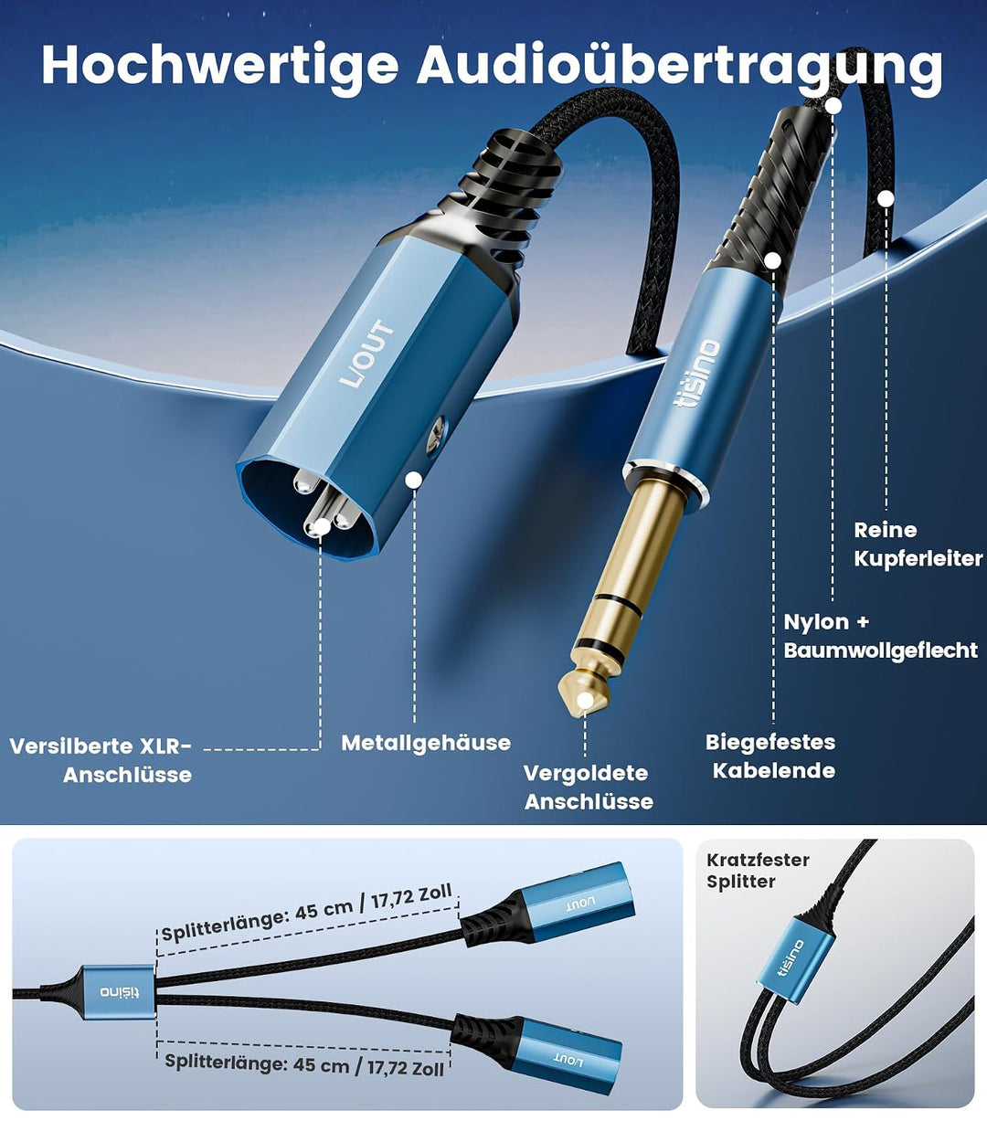 Tisino 6,3mm TRS auf 2 XLR Stecker Y-Kabel (3 m) Stereo-Breakout-Kabel für Mischpulte, Audio-Interfa
