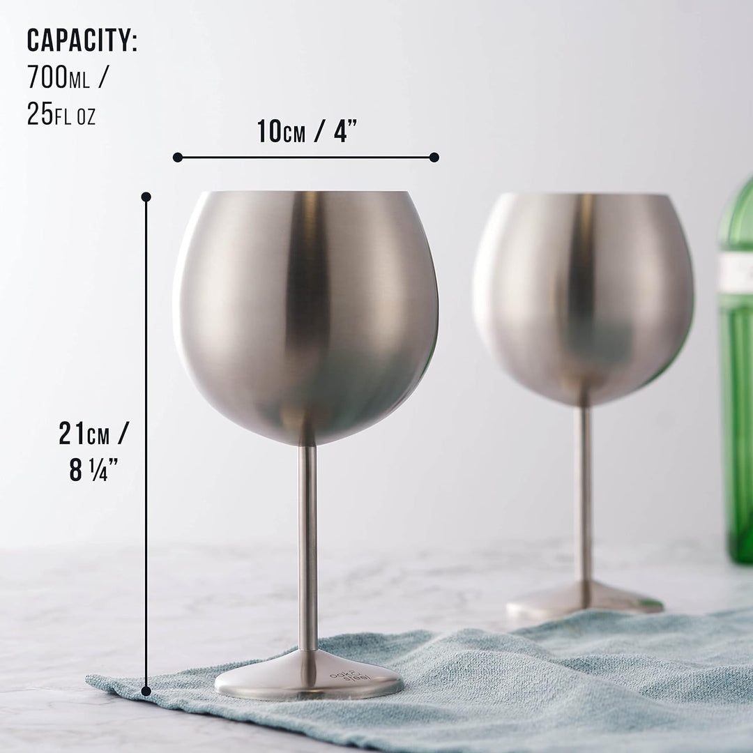 Oak & Steel - 4 Grosse Edelstahl Ballon Gin Gläser, Cocktailgläser (XL 700ml) - Silber Matte - Robus