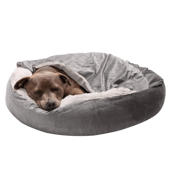 Furhaven 27" Round Medium Donut Dog Bed Plush Velvet Waves Hooded Calming Cuddler, Washable - Dark G