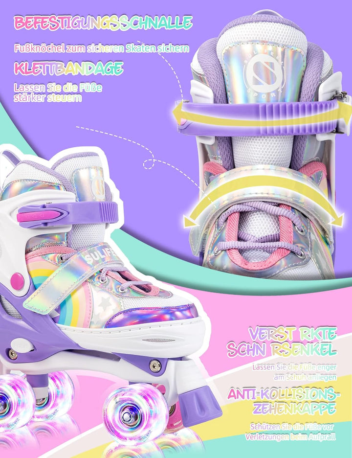SULIFEEL Rainbow Unicorn Verstellbare Rollschuhe für Kinder mit Leuchtenden Rädern für Mädchen und J