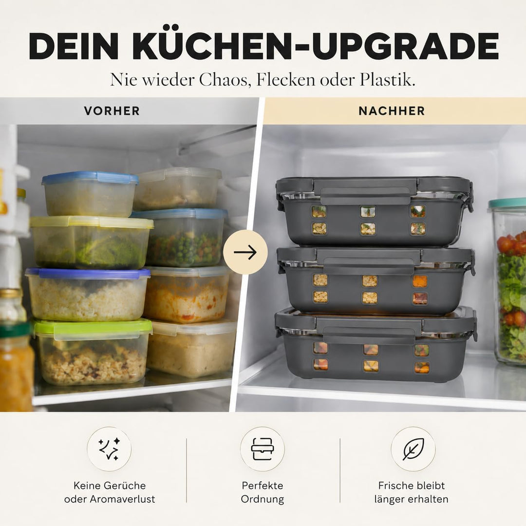 Meal Prep Boxen Set 3x1020ml – Borosilikatglas, auslaufsicher, stapelbar, mikrowellengeeignet, mit S