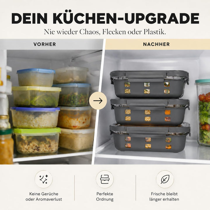 Meal Prep Boxen Set 3x1020ml – Borosilikatglas, auslaufsicher, stapelbar, mikrowellengeeignet, mit S