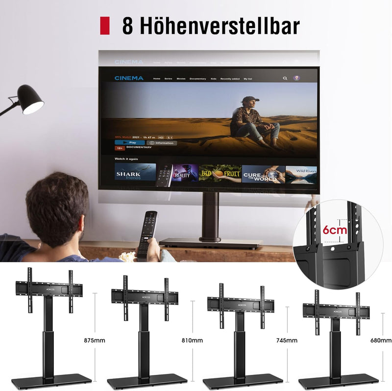 AOKCOS TV Standfuss TV Ständer Höhe 1130mm für 43-75 85 Zoll Fernseher, Neigbar Schwenkbar Höhenvers