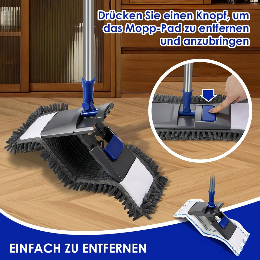Masthome Flach Bodenwischer Set,128 cm Chenille Flach Wischmopp mit 4 Wischpads,Wischer Set für Schn