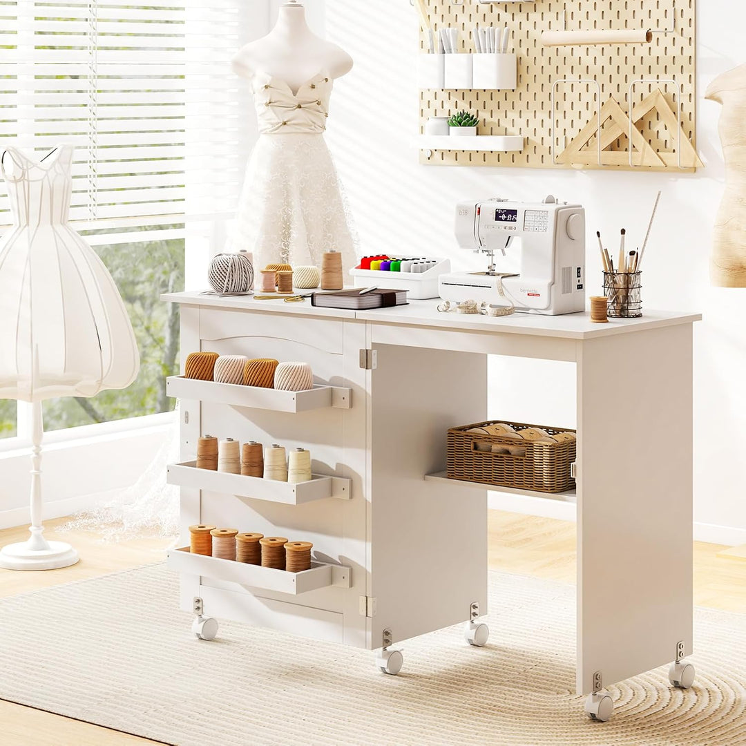 GIANTEX Nähtisch klappbar, Nähmaschinentisch auf Rollen, Nähtisch für Nähmaschine, Nähschrank Holz,
