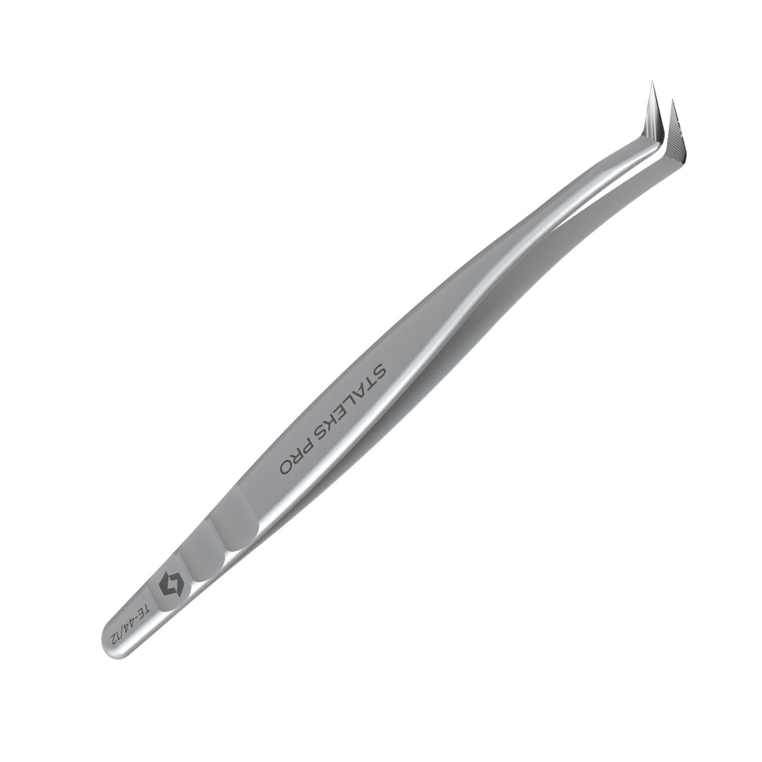 Wimpernverlängerungs-Pinzette STALEKS EXPERT TE-44/12, L-förmige geriffelte Spitzen 65°
