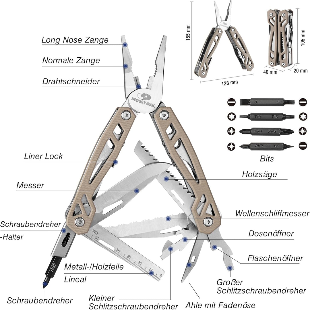 Mossy Oak 22-in-1 Multifunktionszange, Edelstahl Multitool Werkzeug, Faltbares Multi-Tool mit Bits,