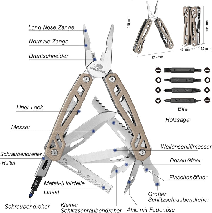 Mossy Oak 22-in-1 Multifunktionszange, Edelstahl Multitool Werkzeug, Faltbares Multi-Tool mit Bits,