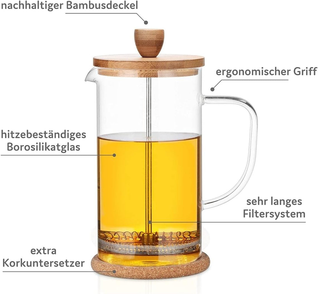 Buntfink French Press 1 Liter Glas – Kaffeebereiter mit Edelstahl-Filter & Bambus-Deckel – mit je 2