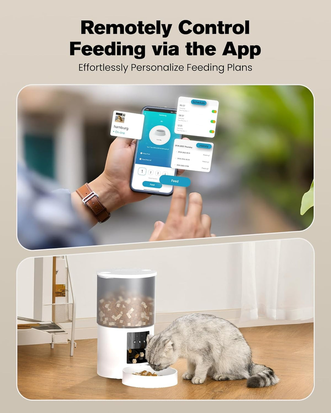 Futterautomat Katze Katzenfutter Automat WiFi: Futterspender Katze mit Massgeschneidert Zeitplan - A