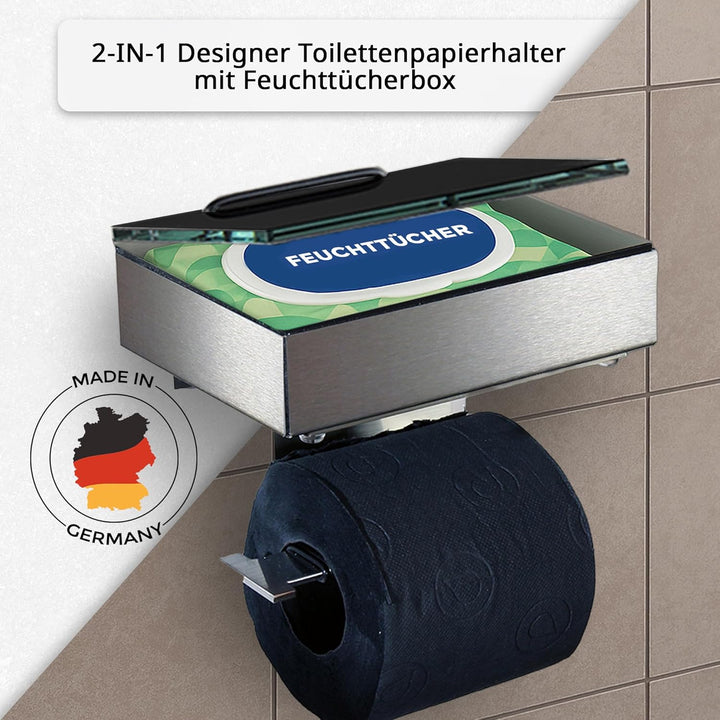 Toilettenpapierhalter mit Feuchttücherbox - Gehäuse Matt & Abdeckung Glas Schwarz- befüllbar von Lin