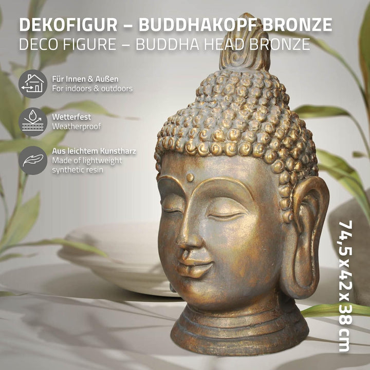 ECD Germany Buddha Figur Kopf Statue 74,5 cm, aus Polyresin, Bronzeoptik, für Yoga, Feng Shui oder M