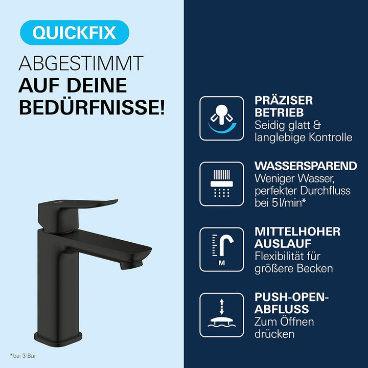 GROHE Dice, Waschtischarmatur, wassersparend (Wasserhahn für das Bad, Badarmatur mit Push-Open Ablau